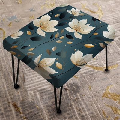 Teal & Ivory Elegant Floral Pattern - Floral Rectangle Ottoman