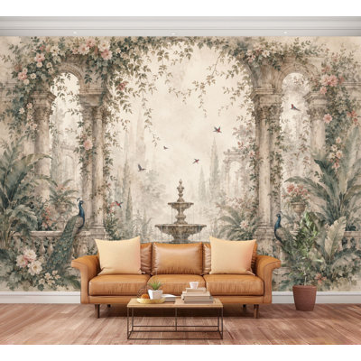 Wall Mural Peel and Stick Wallpaper Botanical Garden Fountains Peacocks Dreamy Landscape Self-Adhesive Removable Contact Paper Wall Decor for Living R