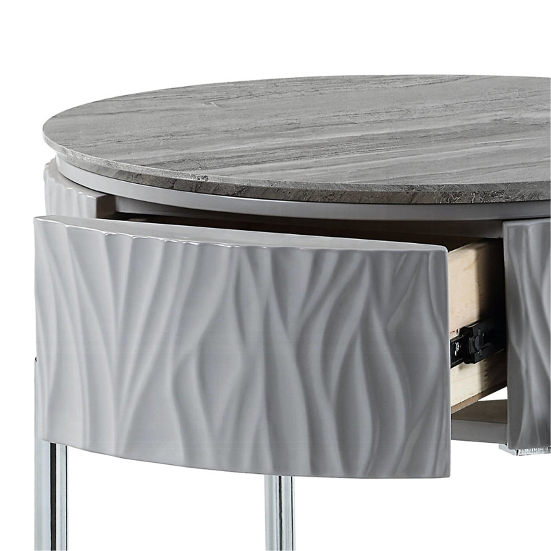 Table de bout contemporaine - Gris brillant, pieds en métal, lustre d'organisation de l'espace avec rangement et meubles de salon pratiques