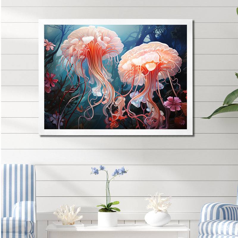 «Blue and Pink Jellyfish Dance» sur toile, H 16 po x l 32 po x P 1 po, Cadre photo blanc