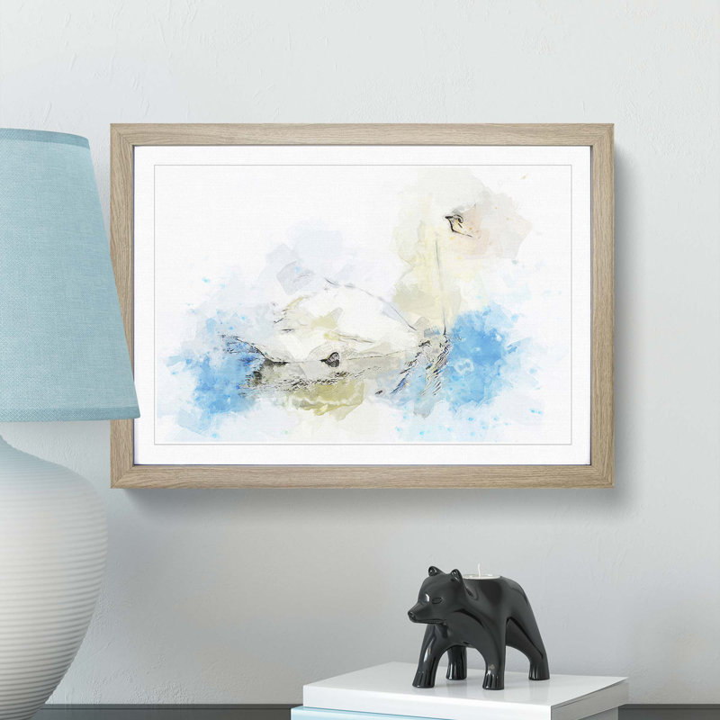 White Swan Art in Abstract - Picture Frame Painting Print, Oak, 40cm H x 60cm W x 2cm D