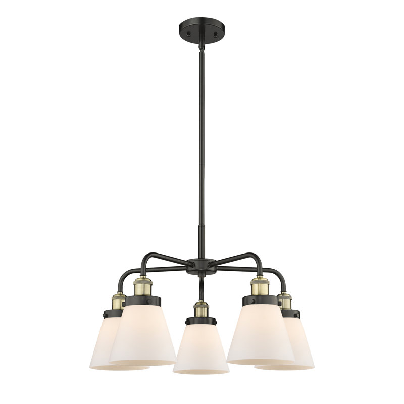 Cone 5 Light Stem Hung Chandelier, Matte White, Black Antique Brass