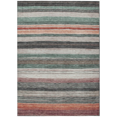 8' X 10' Pale Aqua Copper And Taupe Striped Washable Indoor Outdoor Area Rug