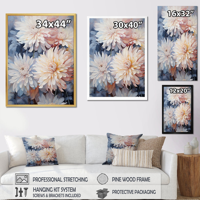 «White and Pink Mums Flowers Elegance», reproduction sur toile, Cadre doré simple, H 20 po x l 12 po x P 1 po