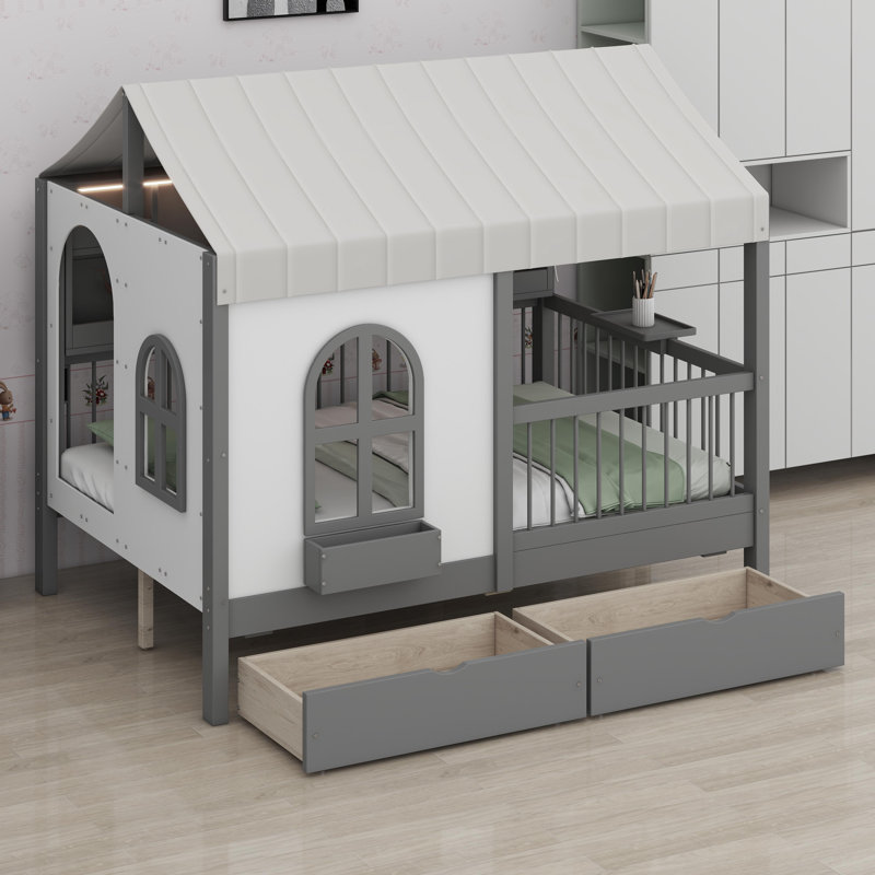 Lit maison avec grands tiroirs, Gris