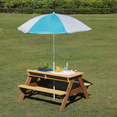 Table de pique-nique en bois pour enfants, table de sable et d'eau avec parasol, table d'activités pour jouer sur la terrasse