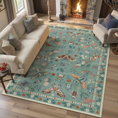 Goldene Animal and Insect Washable Floor Mat - Non-Slip Area Rug Non Slip Green Area Rug Low Pile Stain Resistant Throw Carpet for Dining Room