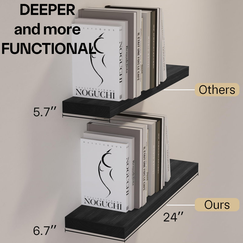 Solid Wood Floating Shelves，Rustic Wooden Wall Shelves, 1.25" H x 24" W x 6.7" D, Black