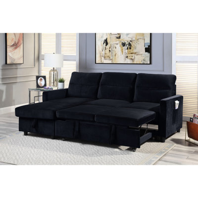 Canapé-lit modulaire en velours noir avec rangement pour méridienne, poche latérale et coussins amovibles
