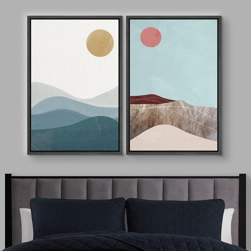 Soleil et lune au-dessus de paysages texturés, paysage géométrique minimaliste moderne Mid-Century, Noir, H 36 po x l 48 po