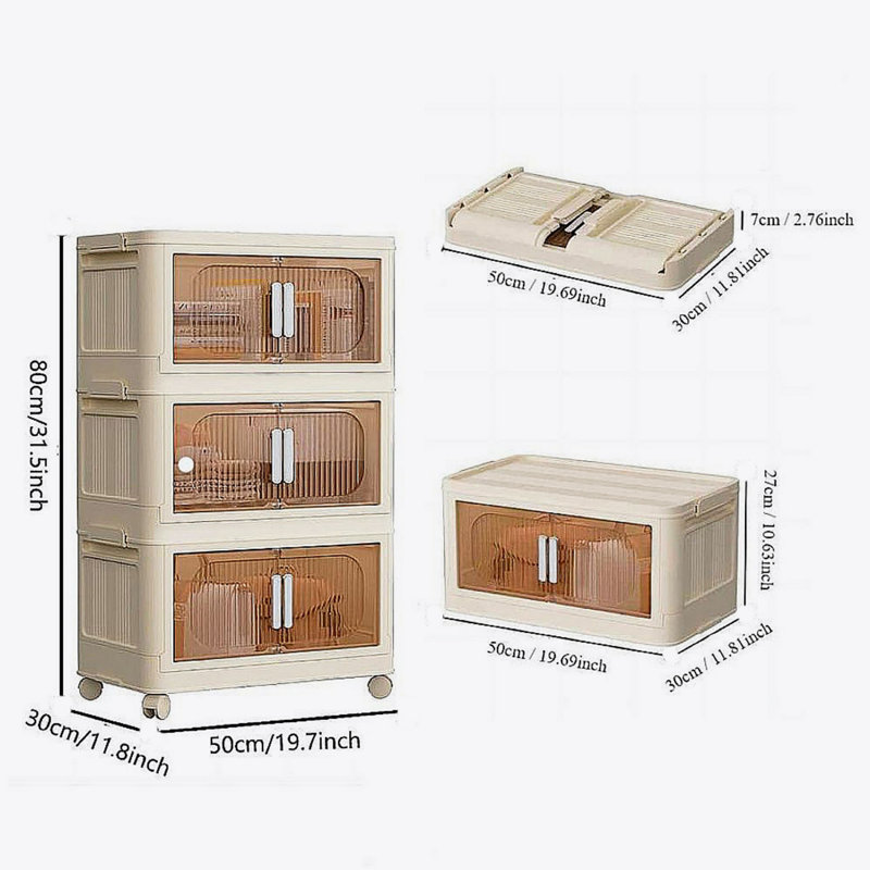 Side Wide Folding Storage Cabinet, Cream White/Clear, 31.10"H x 19.69" L x 11.81" D