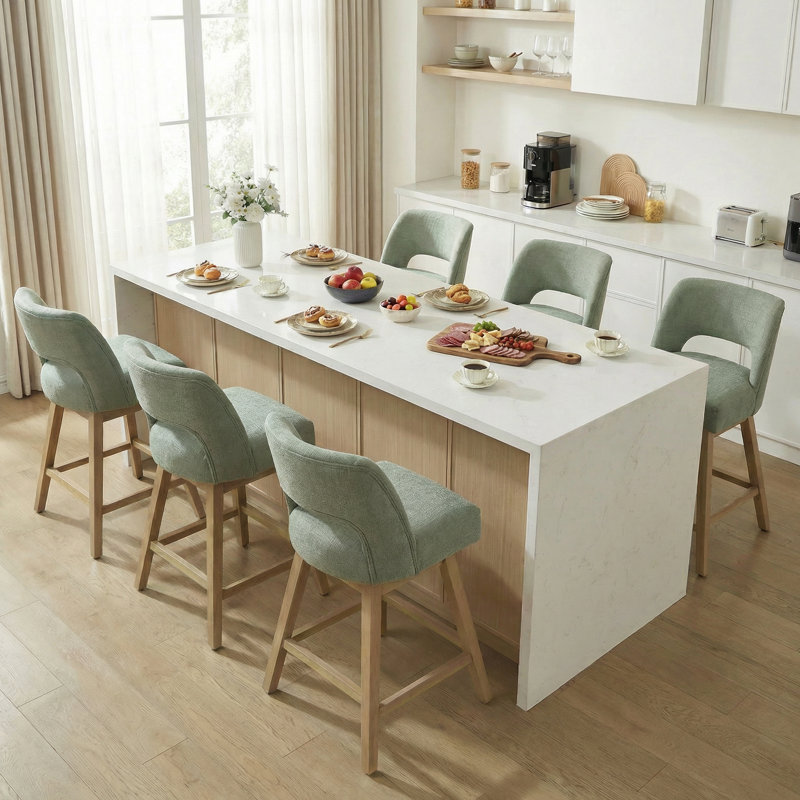Ensemble de 6 tabourets de bar pivotants 27,1 po, assise rembourrée en polyester sur structure en bois massif, 6, Chêne clair