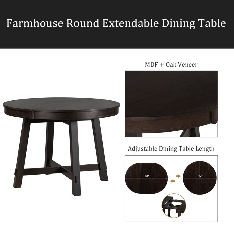 Lark Manor Farmhouse Round Extendable Dining Table With 16" Leaf Wood ...