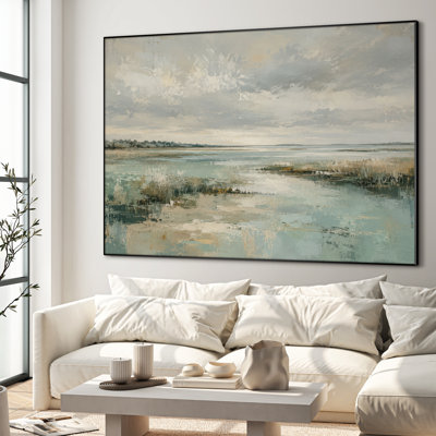 Très grand art mural imprimé sur tissu - Paysage de marais bleu côtier, décor de salon de campagne - "Assemblage requis (cadre non fini)"