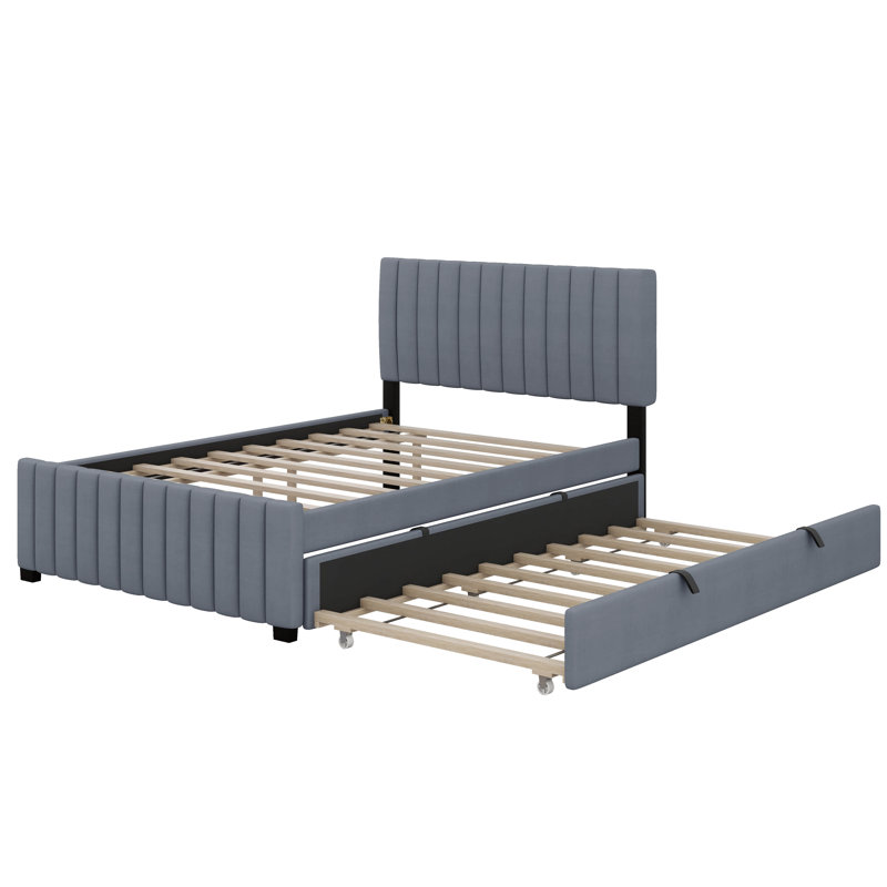 Lit plateforme double, structure de lit tapissier en bois avec lit gigogne simple et tête de lit capitonnée verticale, gris