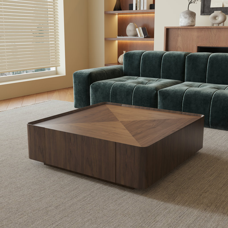 Table basse simple carrée en noyer avec rangement, H 15,75 po x l 35,43 po x P 35,43 po, Bois brun