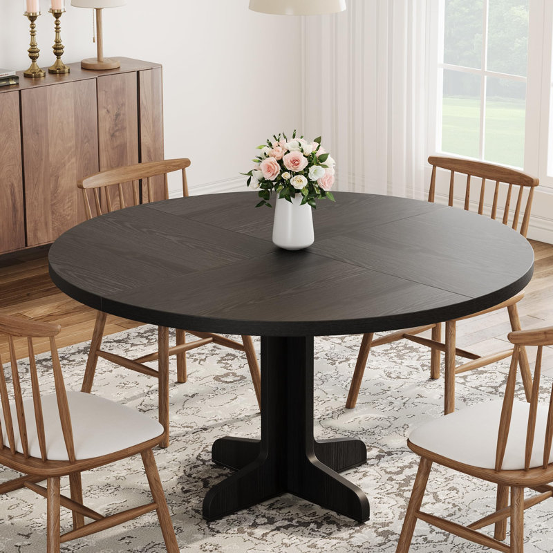 Round Dining Table For 4, 47 Inch Farmhouse Kitchen Table With Wood Tabletop And Stable Base, Circle Dinning Room Table