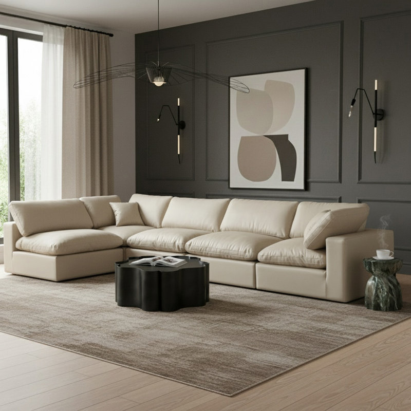 Canapé modulaire réversible en similicuir de 160 po de largeur, Cuir crème végétalien