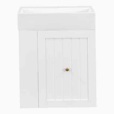 Meuble-lavabo de 20 pouces avec lavabo en céramique, armoire de rangement en panneau de fibres à densité moyenne avec tiroir, tablette latérale et poignée argentée - meuble-lavabo moderne pour les petites salles de bain