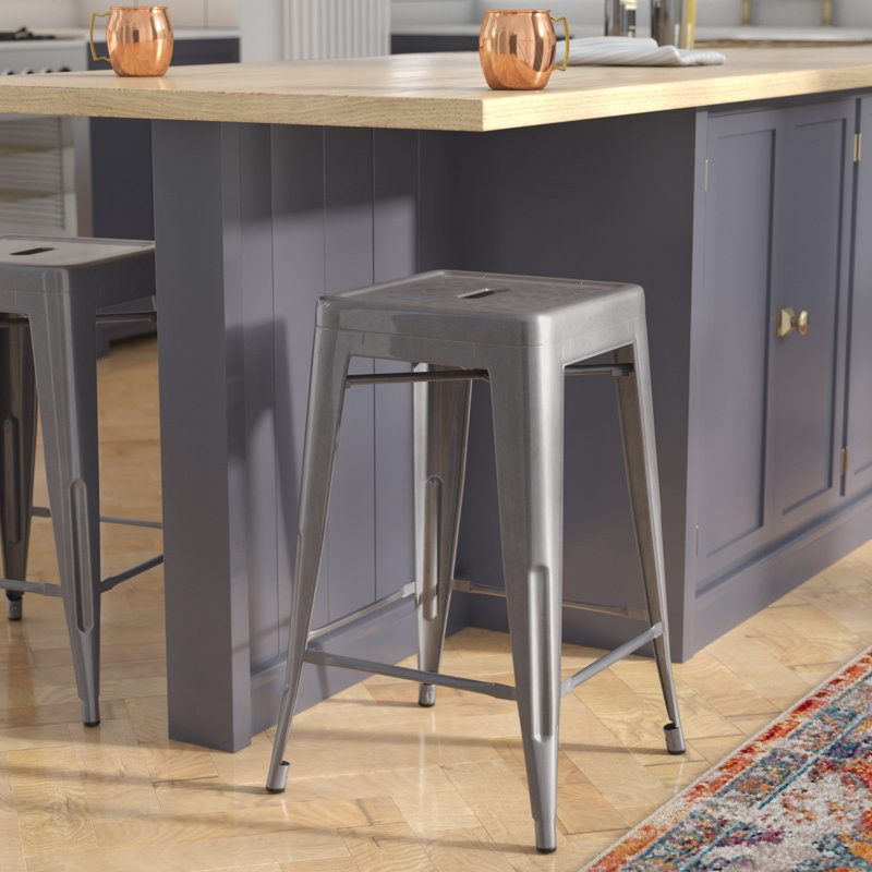 4Pk 24"H Backless Clear Coated Metal Indoor Counter Height Stool w/ Square Seat, 4, Counter Stool (24" Seat Height)