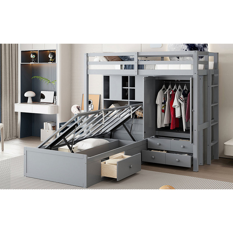 Lit superposé avec tiroirs, garde-robe, tablettes de rangement et lit hydraulique, Gris