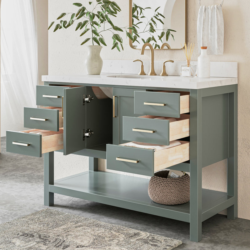 Meuble-lavabo simple 48 po ARIEL Magnolia avec plateau en vert rétro, avec comptoir en quartz blanc Carrara, Oval, Vert rétro