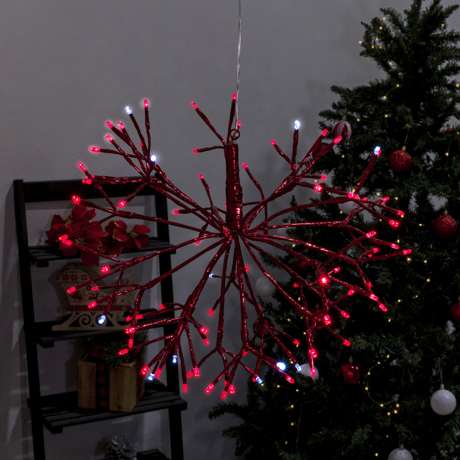 Indoor Holiday 3D Snowflake Hanging Ornament with LED Lights, Red, White, 16"