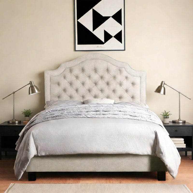 Upholstered Tufted Upholstered Bed with Adjustable Height Headboard, Queen, Beige
