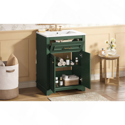 Meuble-lavabo 24 po avec lavabo en céramique intégré, armoire de salle de bain avec 2 portes, 1 tiroir basculant, meuble-lavabo simple pour petite et moyenne salle de bain, vert