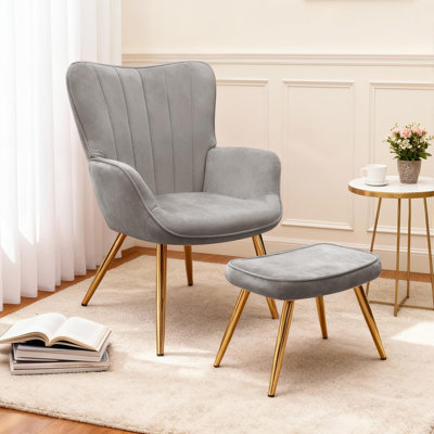 Velvet With Footstool Armchair