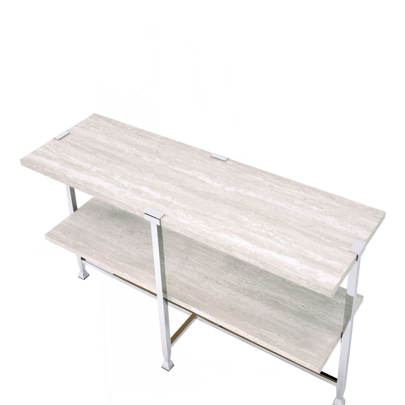 Table de canapé demi-lune avec support de traverse, chêne blanc et chrome