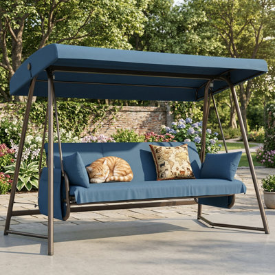 Four Seat Oversized Outdoor Porch Swing with stand & Adjustable Backrest Canopy, Patio Swing Chair with Canopy Tilt &Rust-Resistant Frame for Garden Porch Backyard