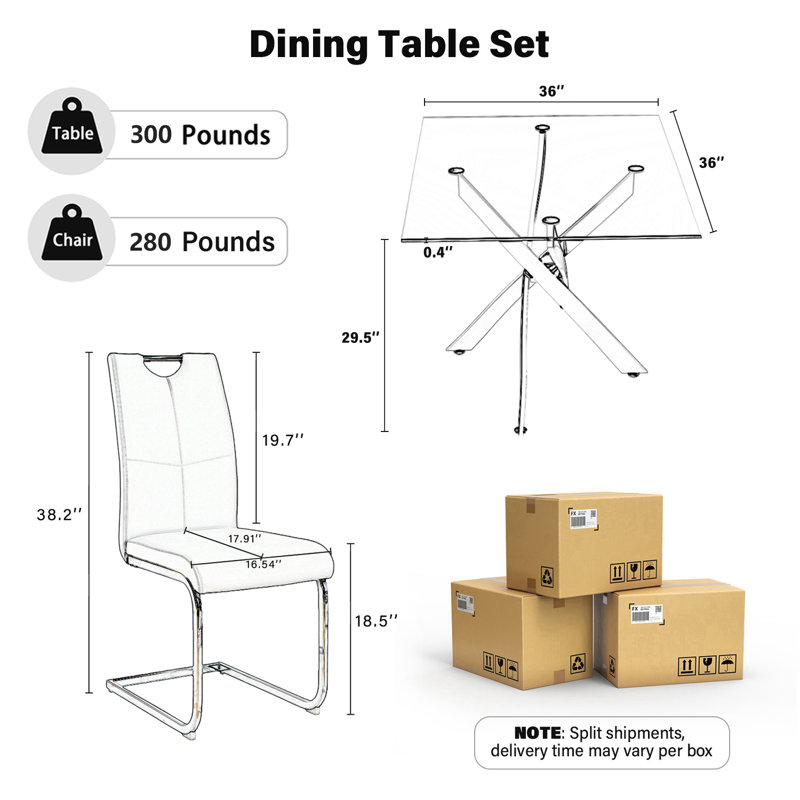 Ensemble de table de salle à manger 5 pièces 36 pouces, plateau en verre trempé avec 4 chaises rembourrées en cuir, ensemble de salle à manger moderne pour petits espaces, salle à manger et coin-repas