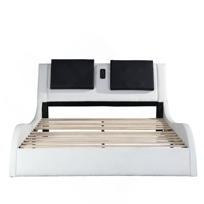 Faux Leather Upholstered Platform Bed Frame with led lighting ,Bluetooth connection to play music /RGB control,Backrest vibration massage,Curve Design, Wood Slat Support, No Box Spring Needed