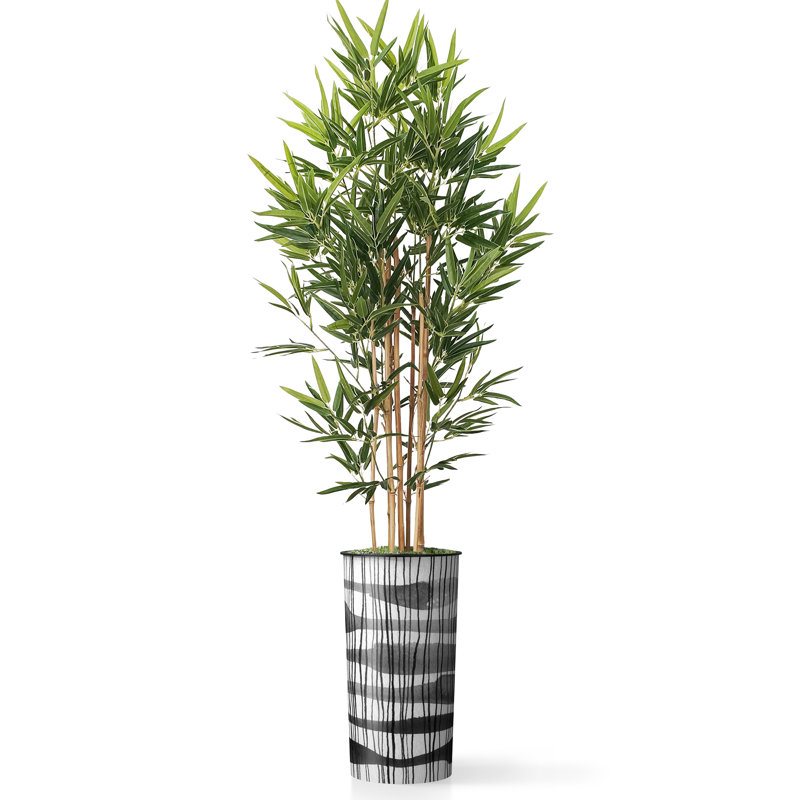 Artificial Tree in Contemporary Blue Stripe Patterned Planter Fake Bamboo Silk Tree, Line Shape Grey