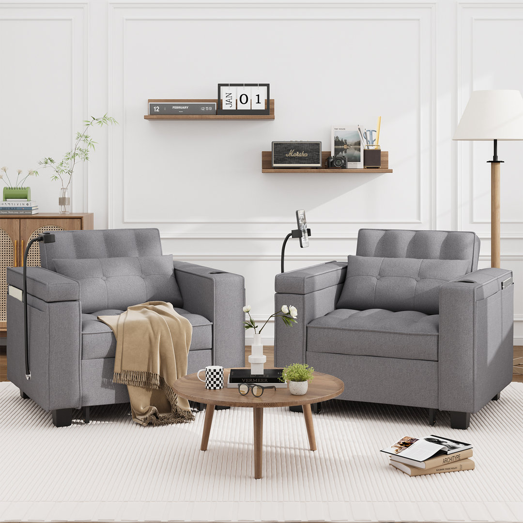 35-Inch Wide Adjustable Upholstered Sleeper Sofa Bed, 3-In-1 Pull Out Sleeper Reading Chair Beds With Usb And Wireless Charging Station, Modern Foldable Lounge Chair Bed For Living Room, Dorm, Small Space Latitude Run®