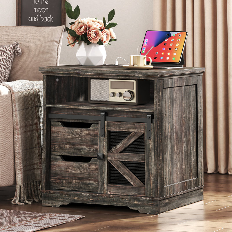 Ensemble de 2 tables de bout Brisson l 23,6 po avec station de charge, table d'appoint avec 2 tiroirs et porte de grange, table de chevet en bois pour chambre à coucher et salon Brisson