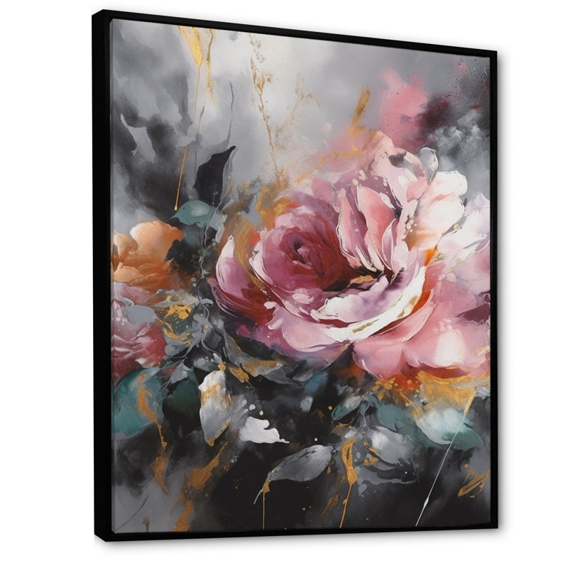 Roses roses romantiques - imprimé, H 32 po x l 16 po x P 1 po, Cadre flottant noir