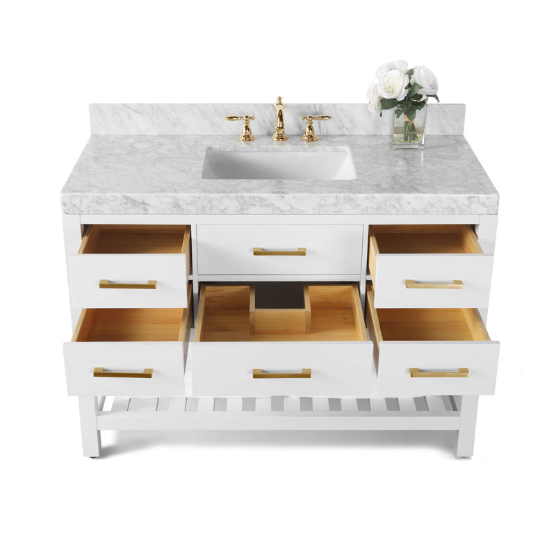 Elizabeth 48'' W Single Vanity, Carrara White, Black Onyx, Gold