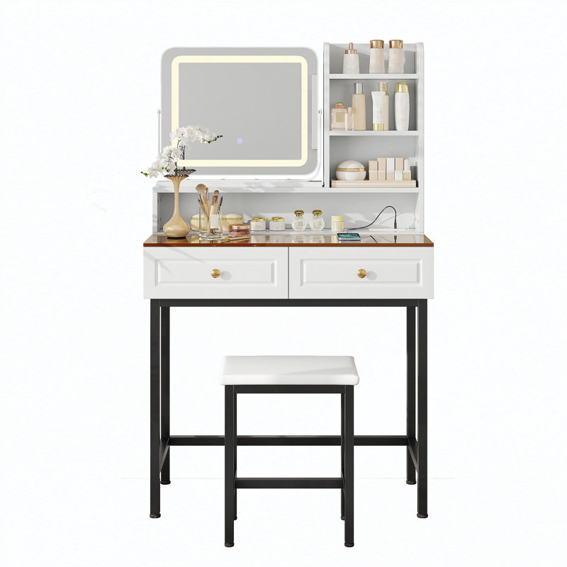 Makeup Vanity with LED Lighted Mirror, 360° Rotatable Mirror, Vanity Desk with 2 Drawers,Power Outlet and 3-Tier Shelves, Amber Glass Table Top, Dressing Table with Sturdy Metal Leg and Stool, White