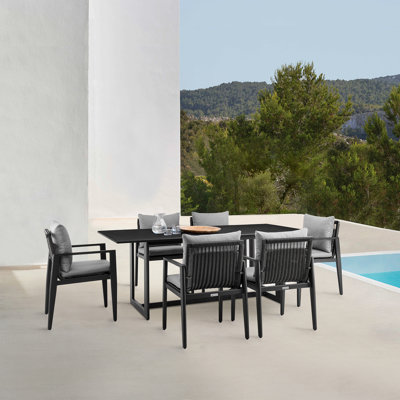Ensemble de table de salle à manger d'extérieur Trosclair 7 pièces en aluminium avec coussins gris