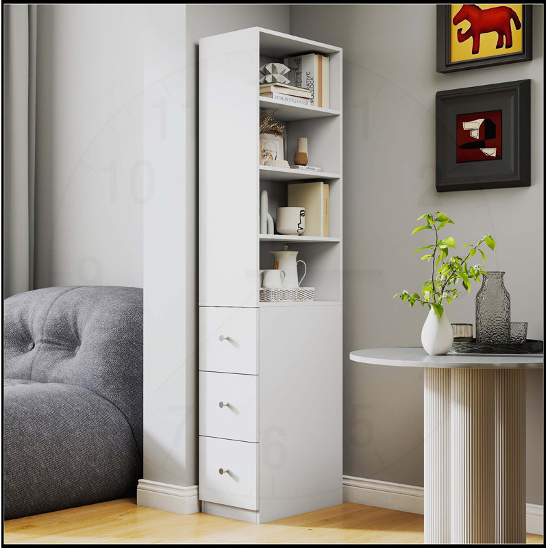 Grande armoire de rangement moderne en bois moderne avec 4 tablettes à 3 niveaux et 3 tiroirs latéraux pour la vie organisée et le bureau personnel