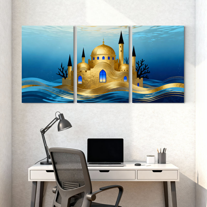 «Golden Castle On Water Waves», ensemble de 3 impressions sur toile, H 30 po x l 60 po