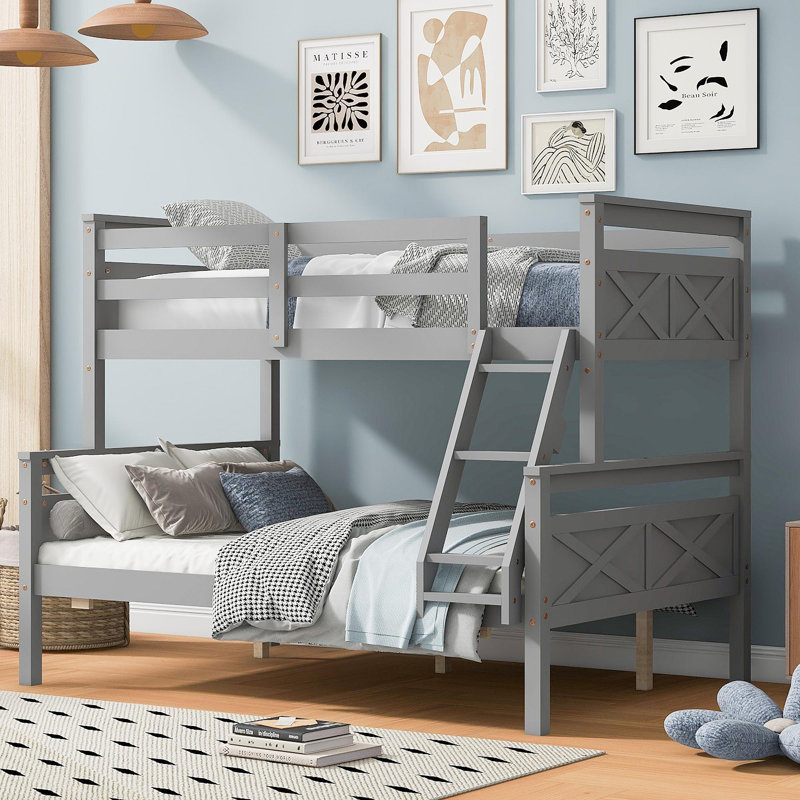Lit simple superposé au-dessus d'un lit double avec échelle, barrière de sécurité pour la chambre à coucher, gris