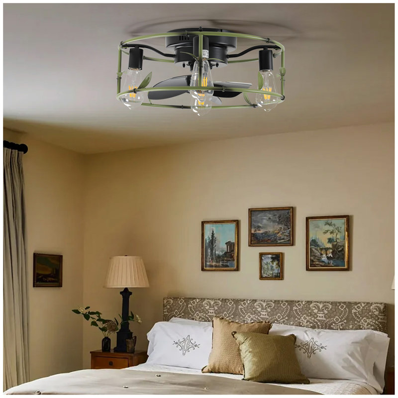 Ventilateur de plafond industriel vert 19 po avec éclairage - Cage encastrée avec télécommande, ventilateur de plafond rustique à 3 lumières, moteur à courant continu réversible silencieux à 6 vitesses pour chambre à coucher, salon (ampoule non 