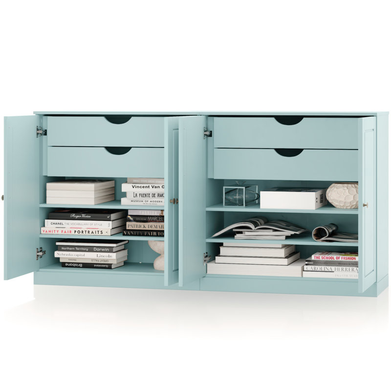 Buffet 100% bois massif 64 po avec portes solides, 4 tiroirs et tablettes réglables, Bleu aqua
