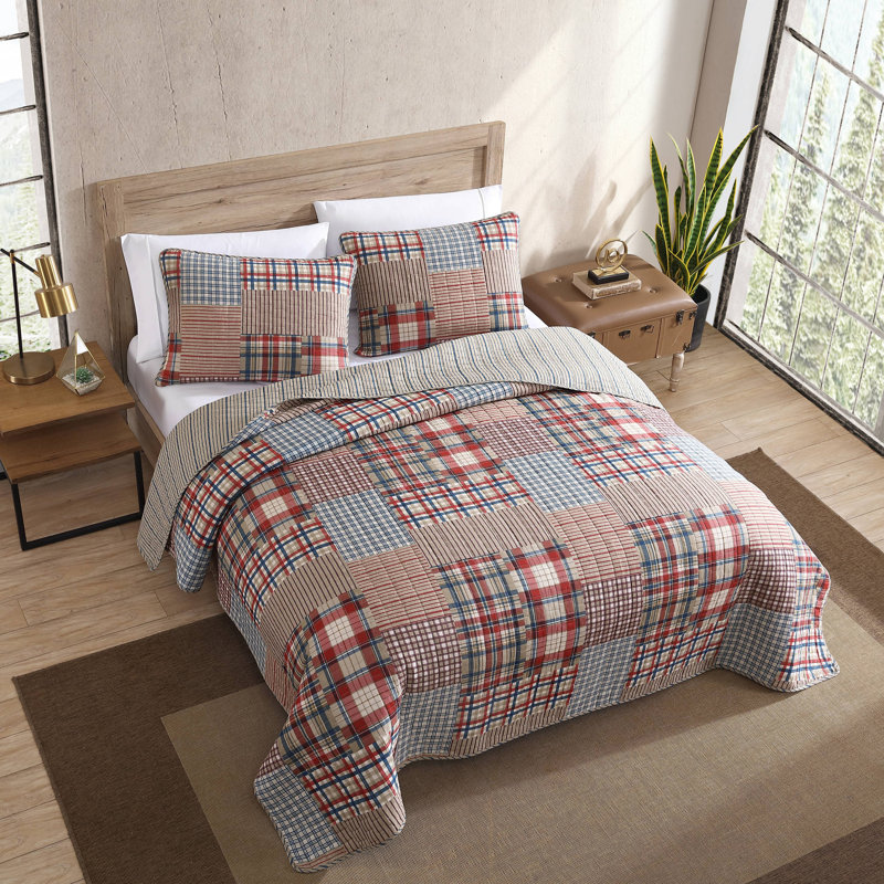 Brown Plaid Cotton Twin Reversible Quilt Set with Sham