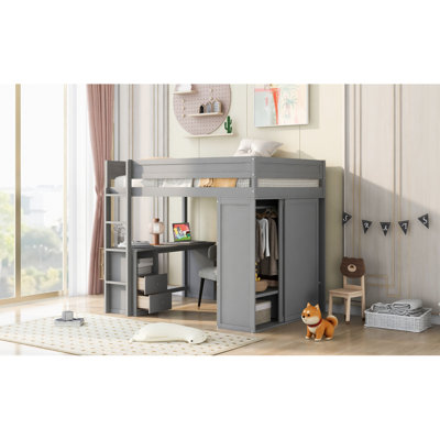 Wood Full Size Loft Bed With Wardrobes And 2-Drawer Desk With Cabinet, Grey