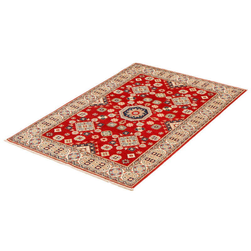 Tapis rouge / jaune en laine noué à la main de conception unique 4 pi x 5 pi 9 po Monquel
