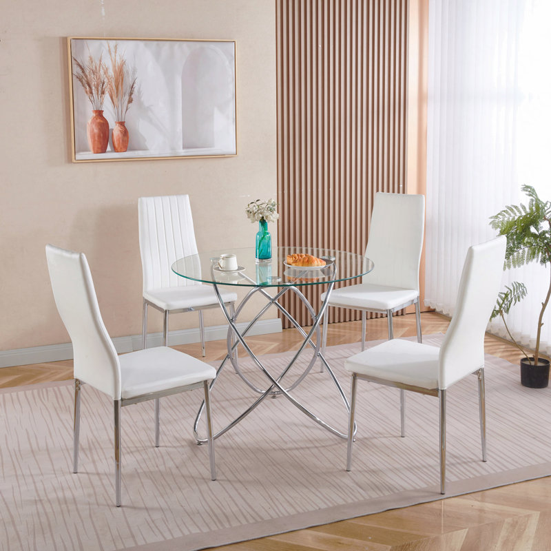 Ensemble de tables basses en métal avec plateau en verre, table de salle à manger à piédestal et table basse de loisirs. Ensemble de salle à manger 1 + 4 5 pièces Mid-Century pour 4-6 personnes